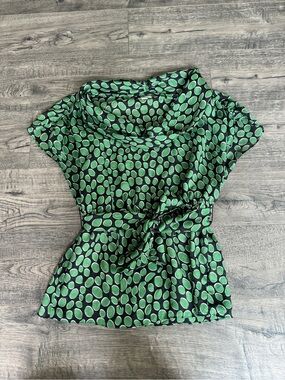 Odille Black Blouse with Green Polka Dot Print 100% Silk